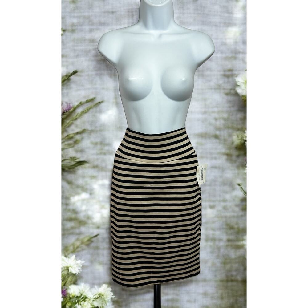Lularoe Women's Cassie Pencil Skirt Sz XS Beige Black Striped Stretch Fitted NEW